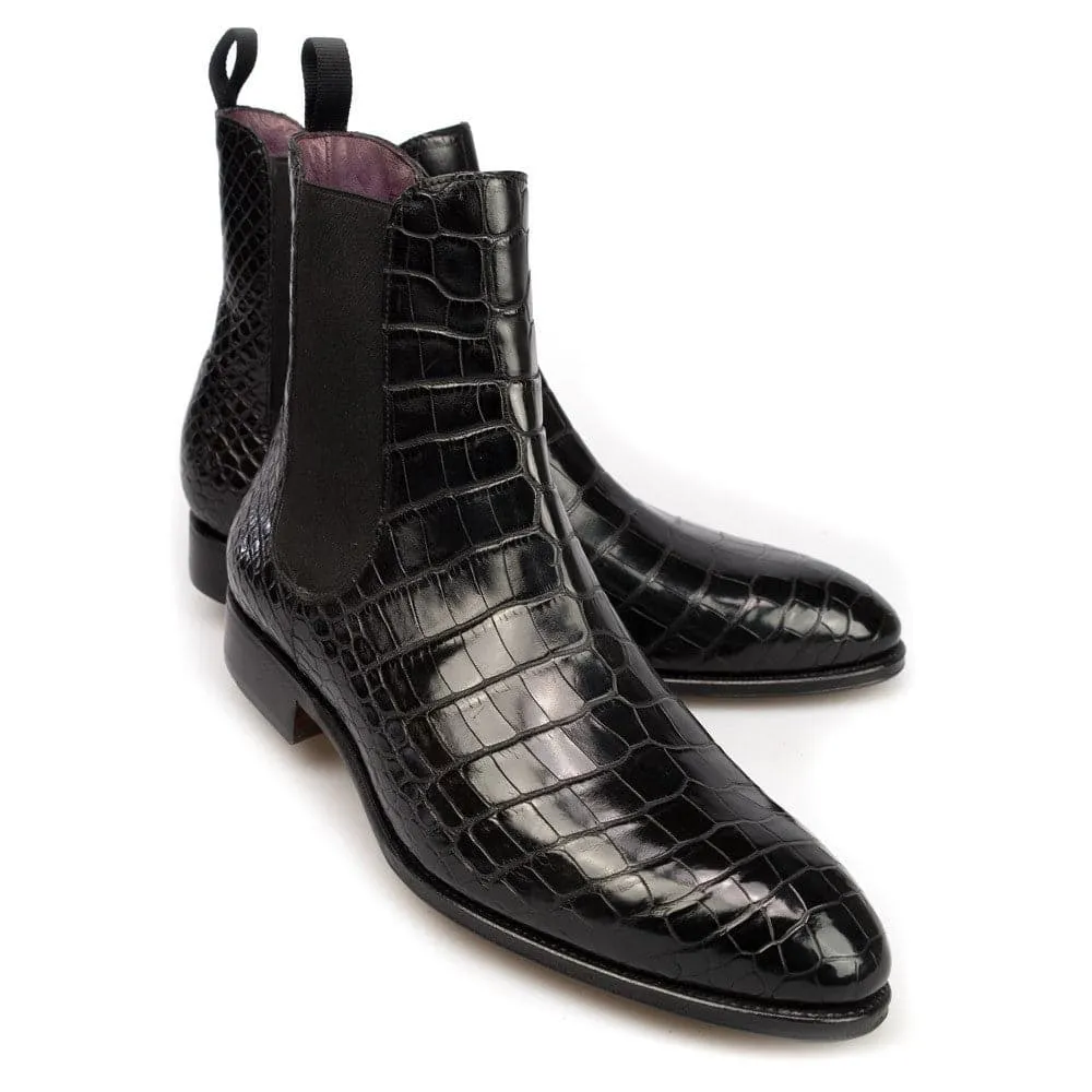 7 CM / 2.76 Inches CMR CHAMARIPA Elevator Shoes - Crocodile Leather Height Increasing Boots - Black Alligator Chelsea Boots