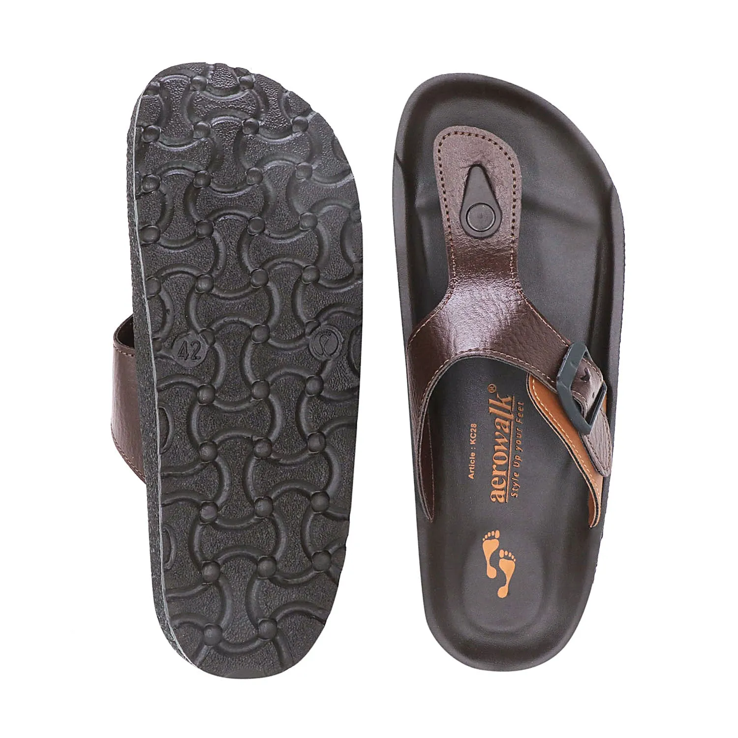 Aerowalk Men Brown & Tan T-Shape Slipper with Buckle Styling (KC28_BROWN TAN)
