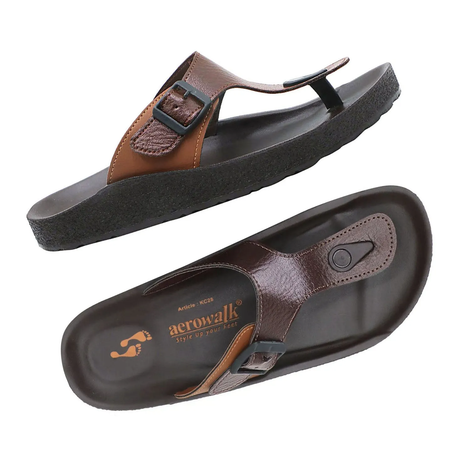 Aerowalk Men Brown & Tan T-Shape Slipper with Buckle Styling (KC28_BROWN TAN)