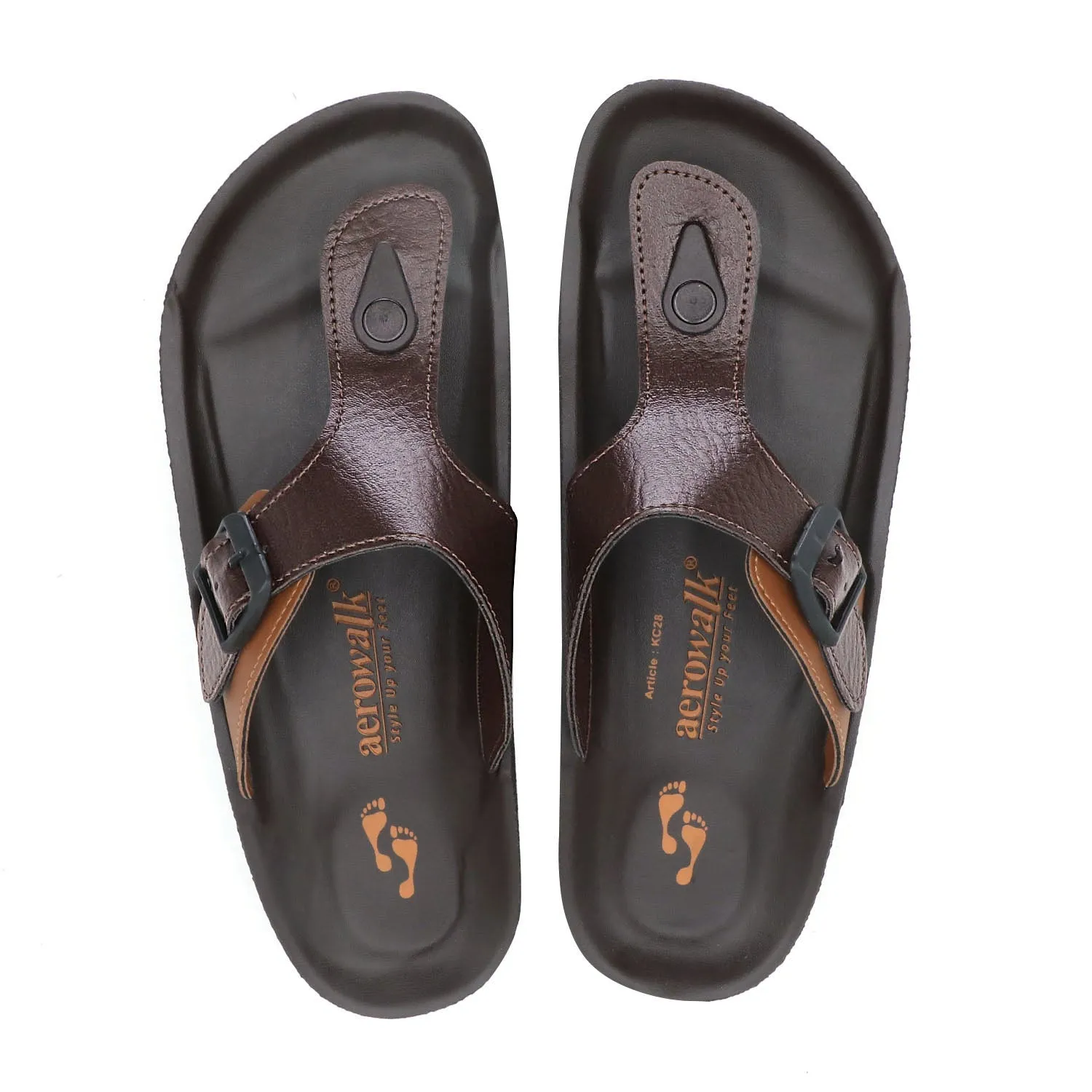 Aerowalk Men Brown & Tan T-Shape Slipper with Buckle Styling (KC28_BROWN TAN)