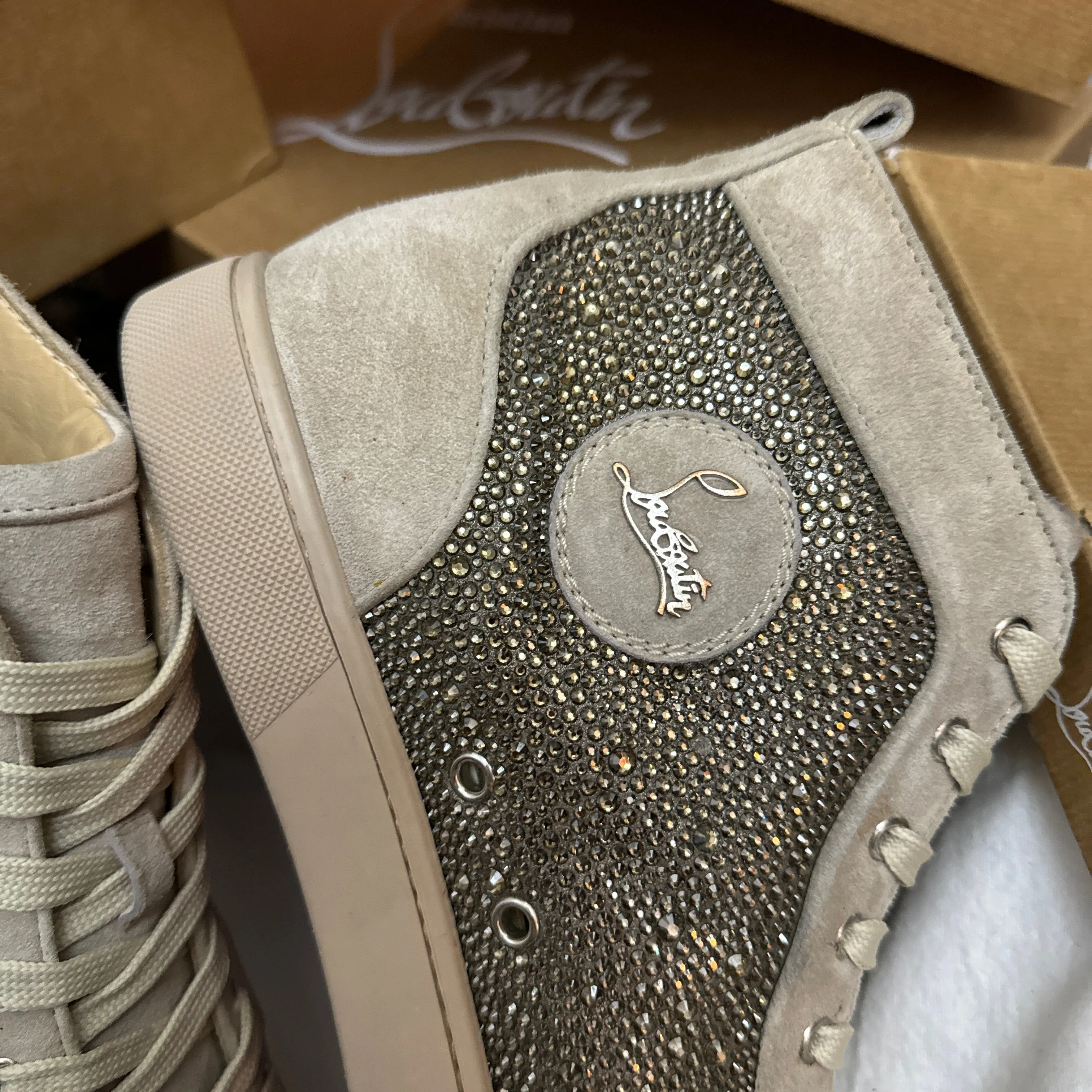 Authentic Christian Louboutin Beige Suede Strass Sneakers 9.5UK 43.5 10.5US
