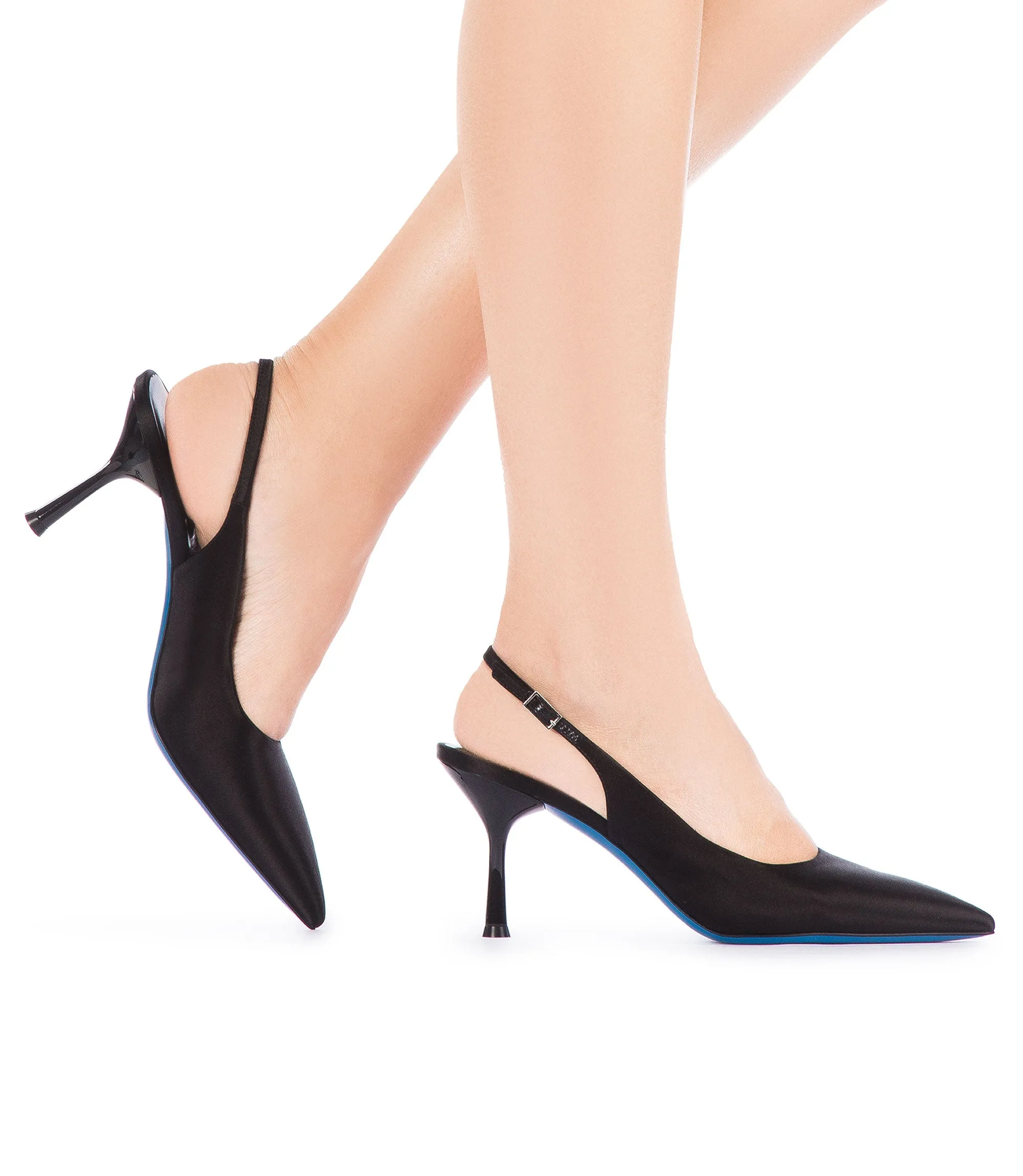 Black satin slingback pumps