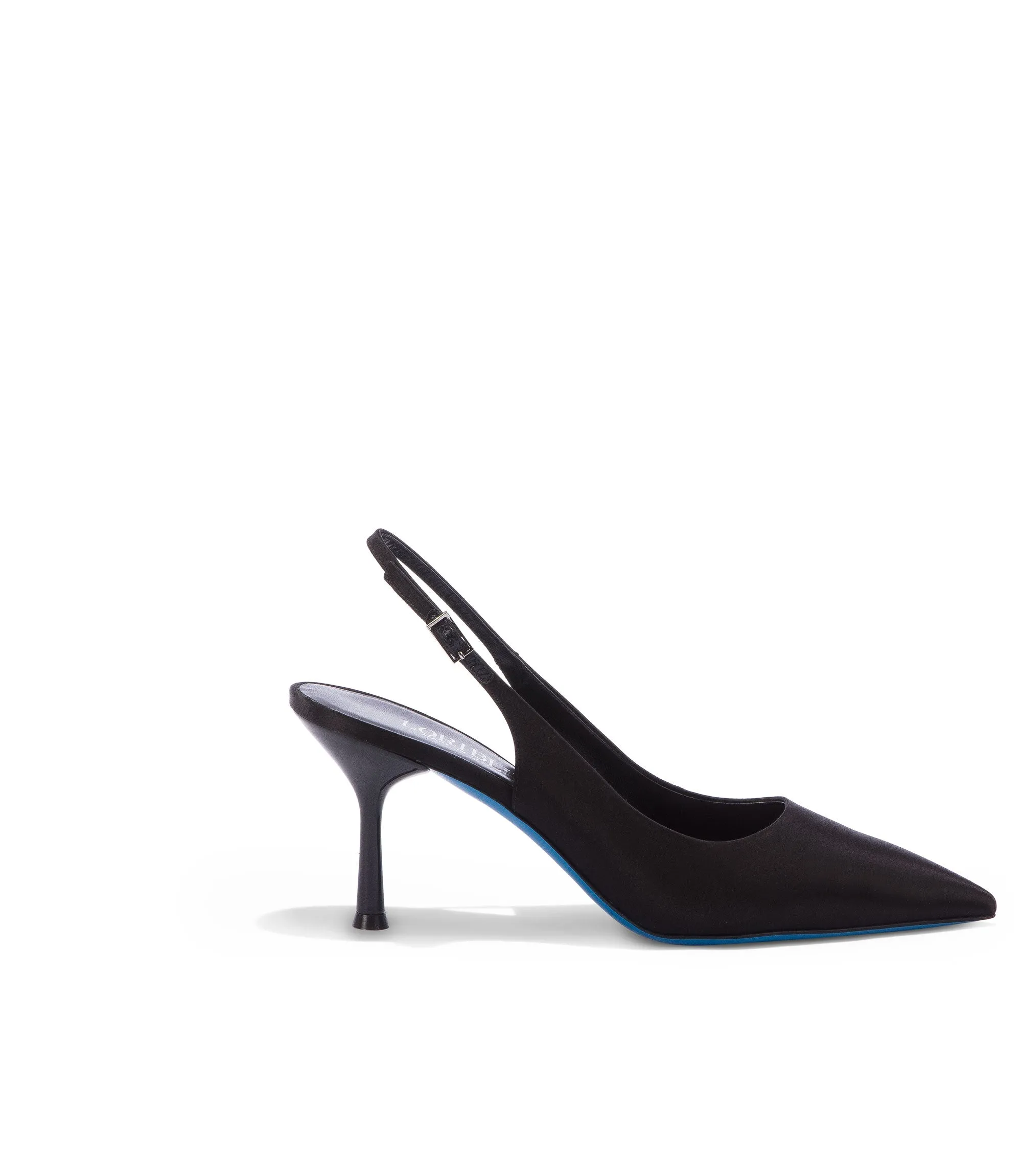 Black satin slingback pumps
