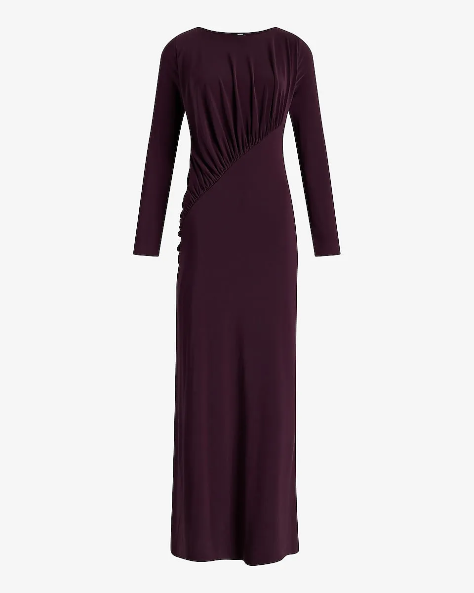 Boat Neck Long Sleeve Ruched Top Maxi Dress in Wine