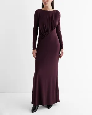Boat Neck Long Sleeve Ruched Top Maxi Dress in Wine