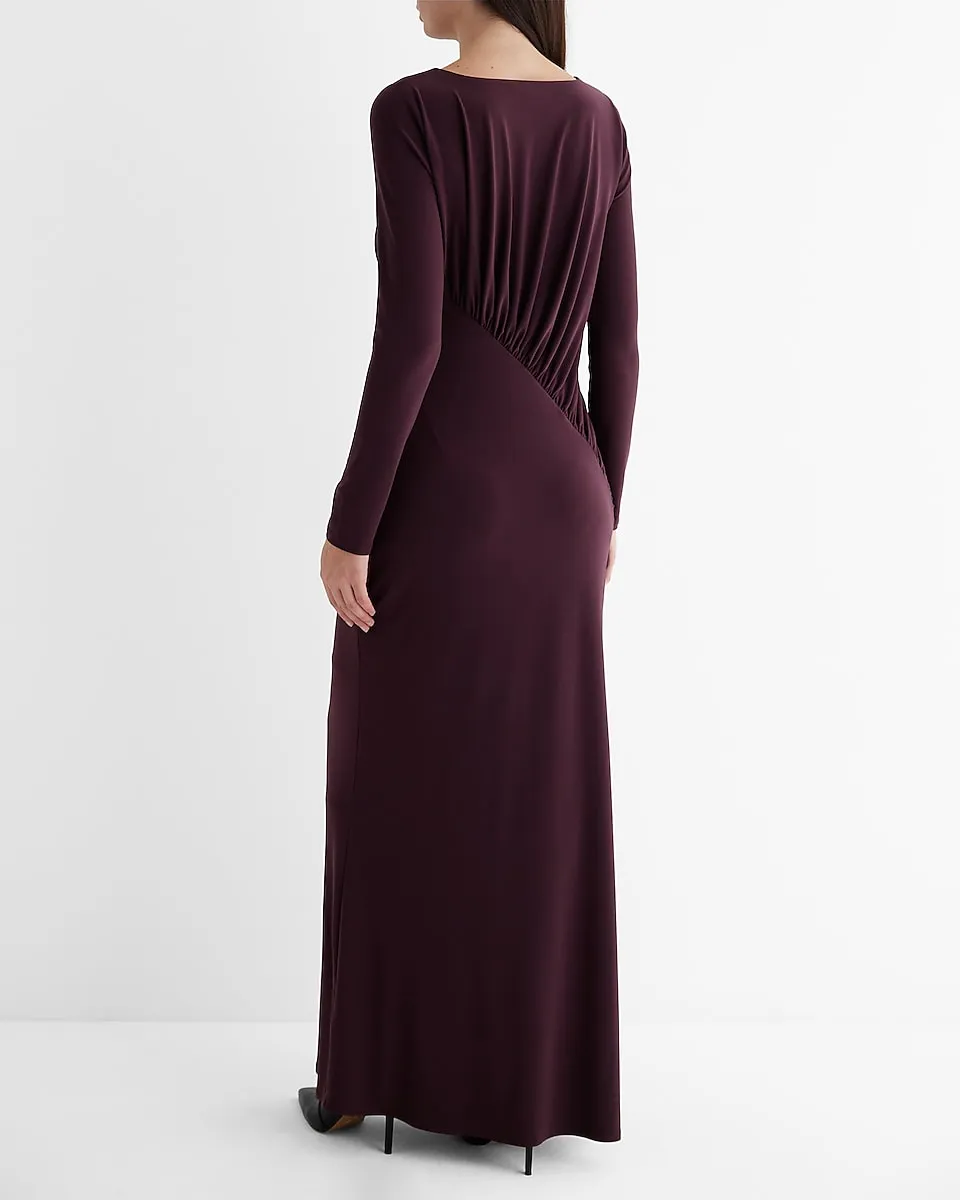 Boat Neck Long Sleeve Ruched Top Maxi Dress in Wine