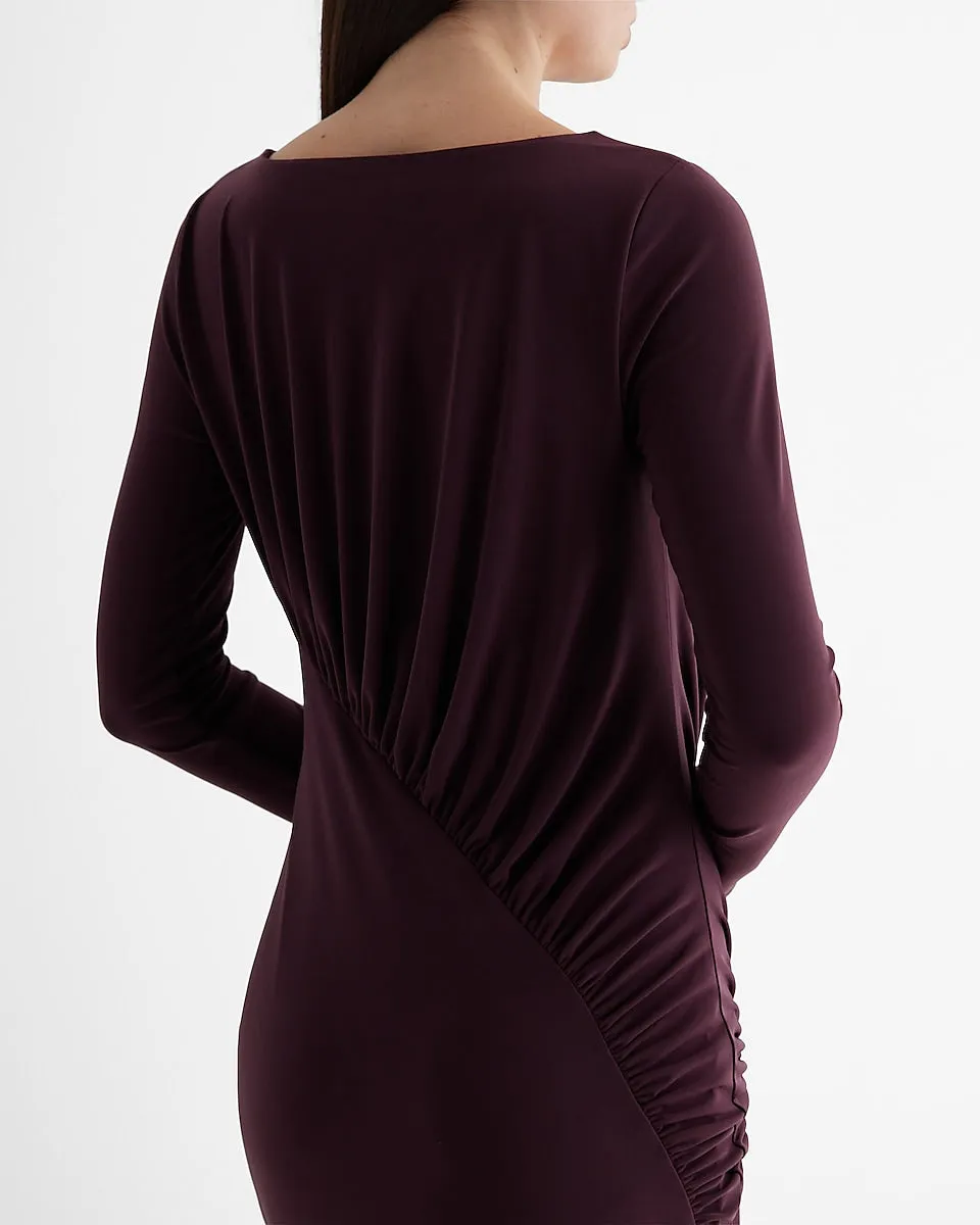 Boat Neck Long Sleeve Ruched Top Maxi Dress in Wine