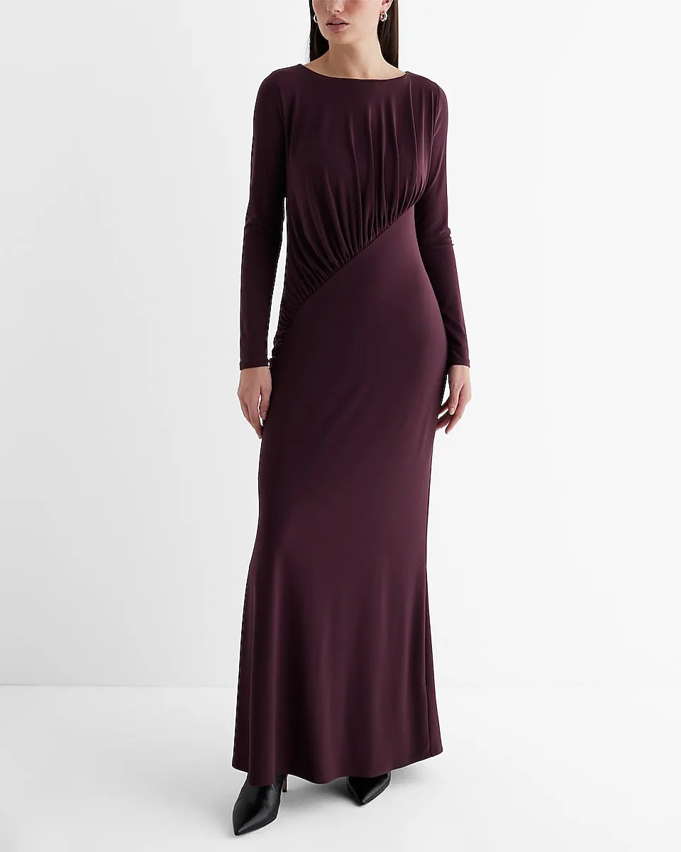 Boat Neck Long Sleeve Ruched Top Maxi Dress in Wine