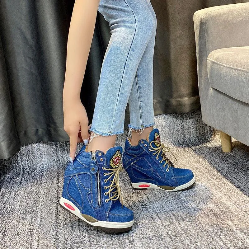 Casual Denim Lace-Up Booties Increase In Height