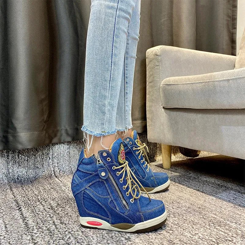 Casual Denim Lace-Up Booties Increase In Height