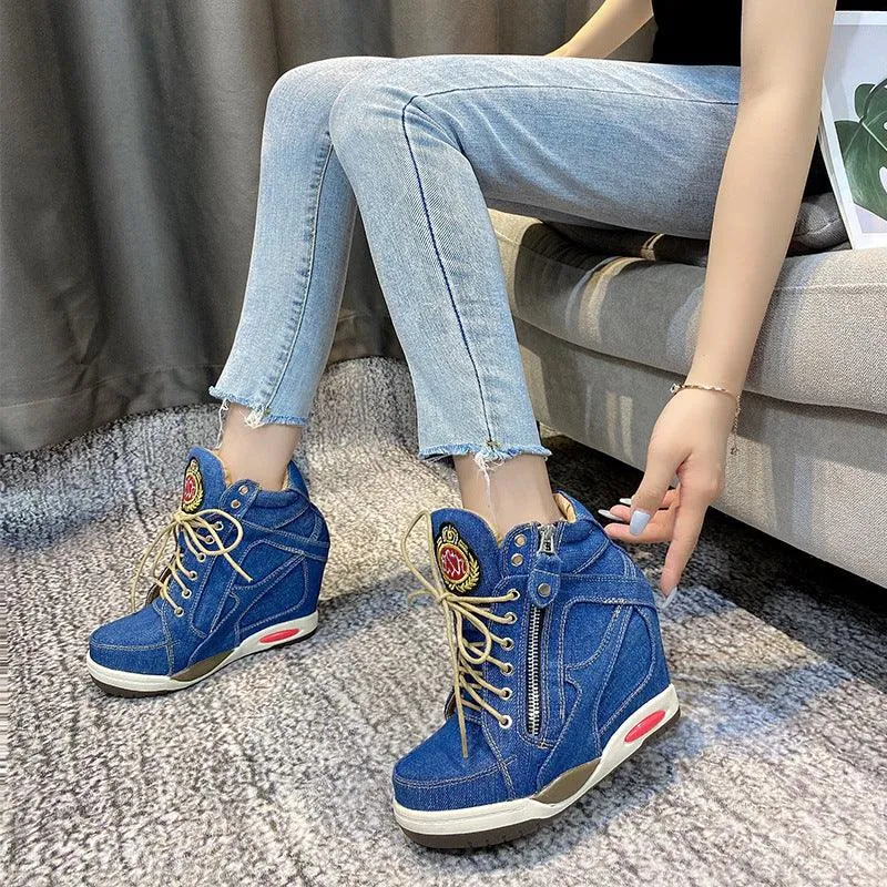 Casual Denim Lace-Up Booties Increase In Height