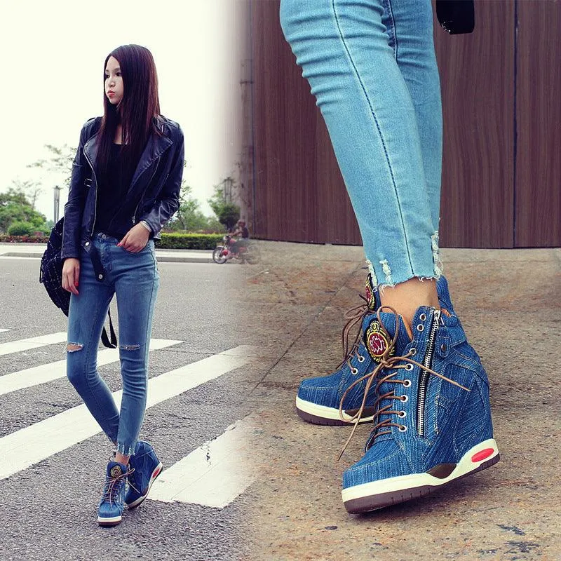 Casual Denim Lace-Up Booties Increase In Height
