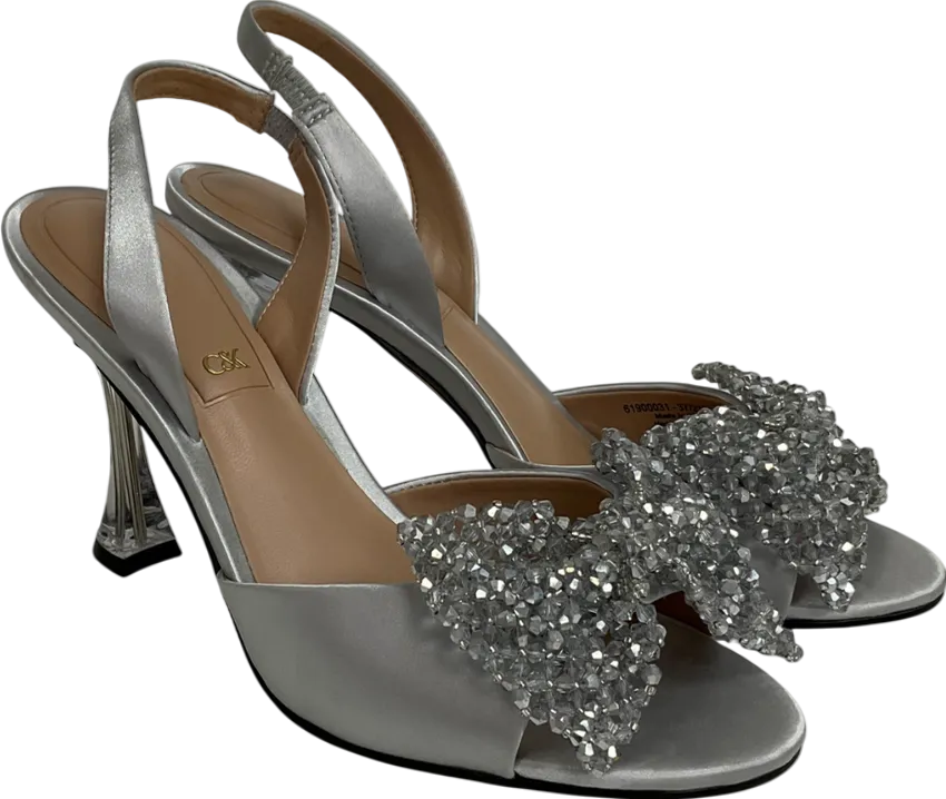 Charles & Keith Metallic Recycled Polyester Beaded Bow Slingback Pumps - Silver UK 4 EU 37 