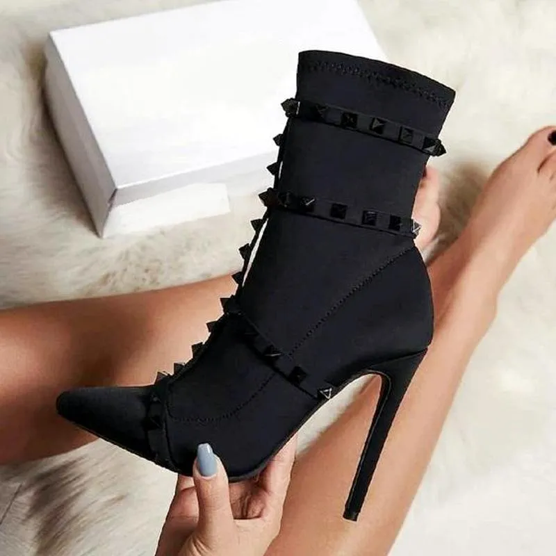 Chicvane Rivet Pointed Toe Stiletto Heel Strap Buckle Mid Calf Boots For Girls