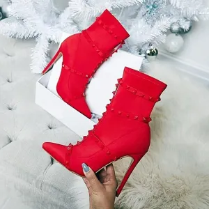 Chicvane Rivet Pointed Toe Stiletto Heel Strap Buckle Mid Calf Boots For Girls