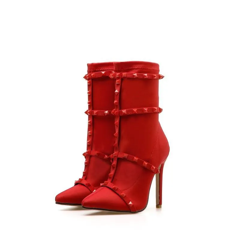 Chicvane Rivet Pointed Toe Stiletto Heel Strap Buckle Mid Calf Boots For Girls