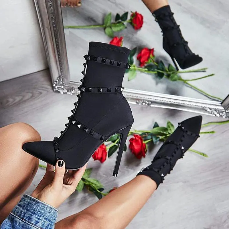 Chicvane Rivet Pointed Toe Stiletto Heel Strap Buckle Mid Calf Boots For Girls