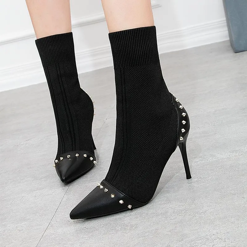Chicvane Womens Elastic Fabric Pointed Toe Stiletto Heel Mid Calf Boots With Rivet