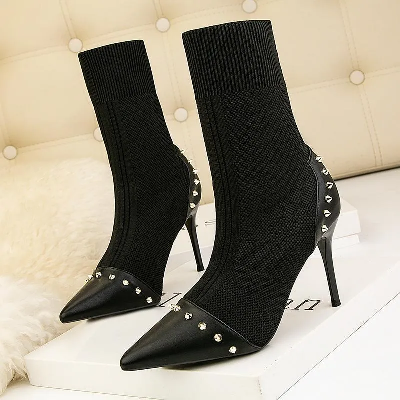 Chicvane Womens Elastic Fabric Pointed Toe Stiletto Heel Mid Calf Boots With Rivet