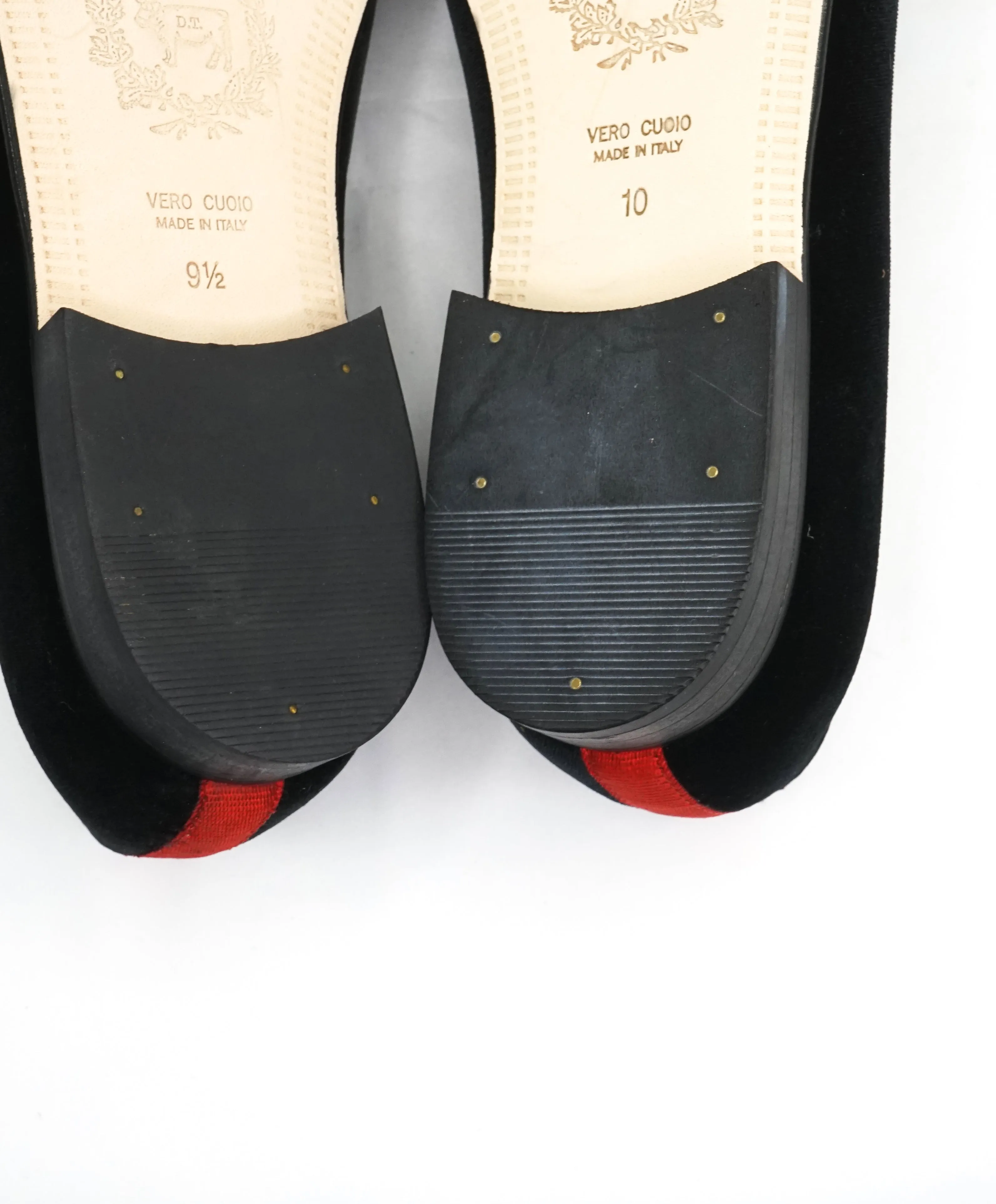 DEL TORO - Black Red Stripe "Skull N' Bones" Velvet Smoking Slippers Loafers - L10/R9.5