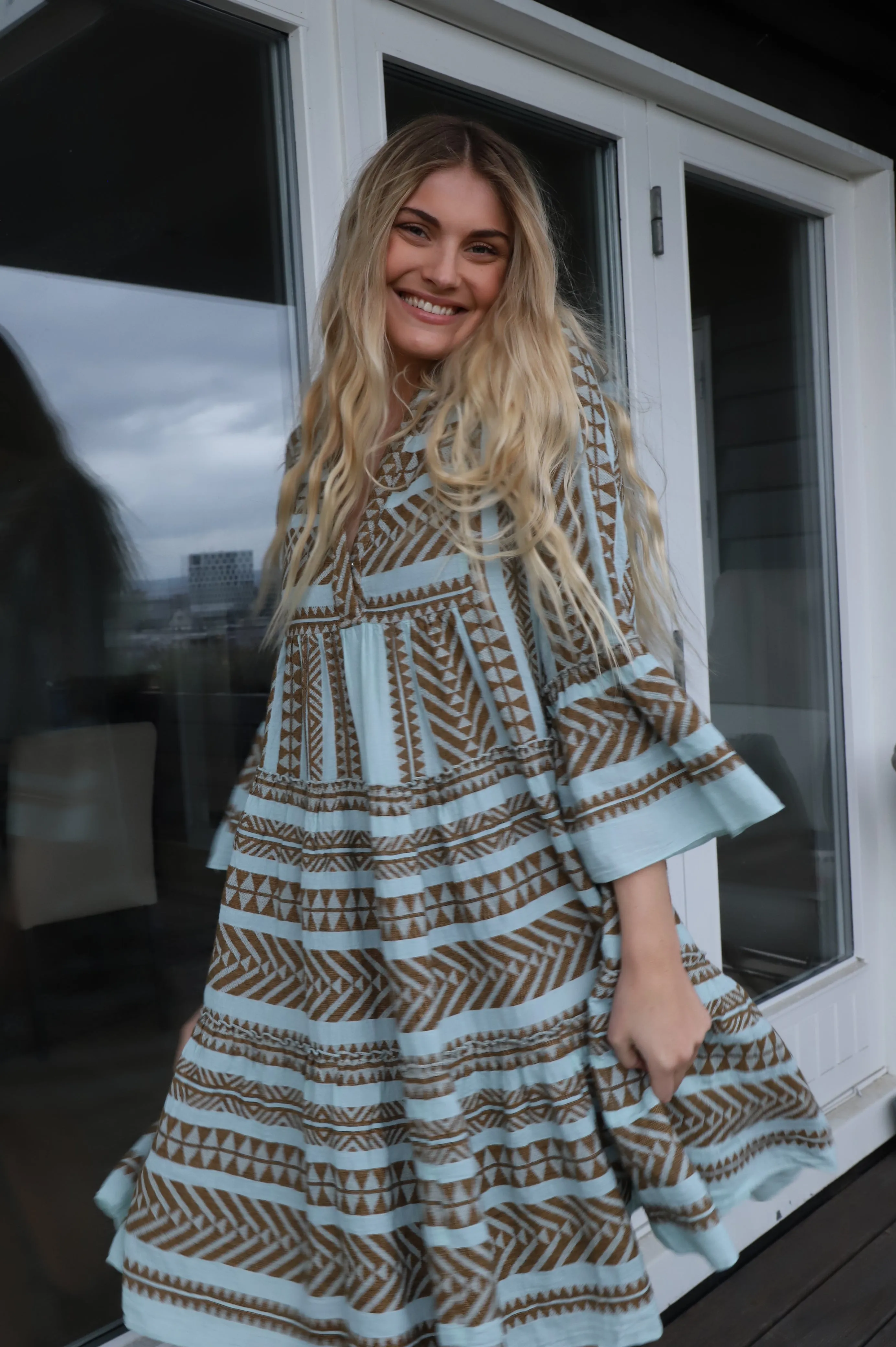 Ella Midi Dress - Brown-Black/Light Blue