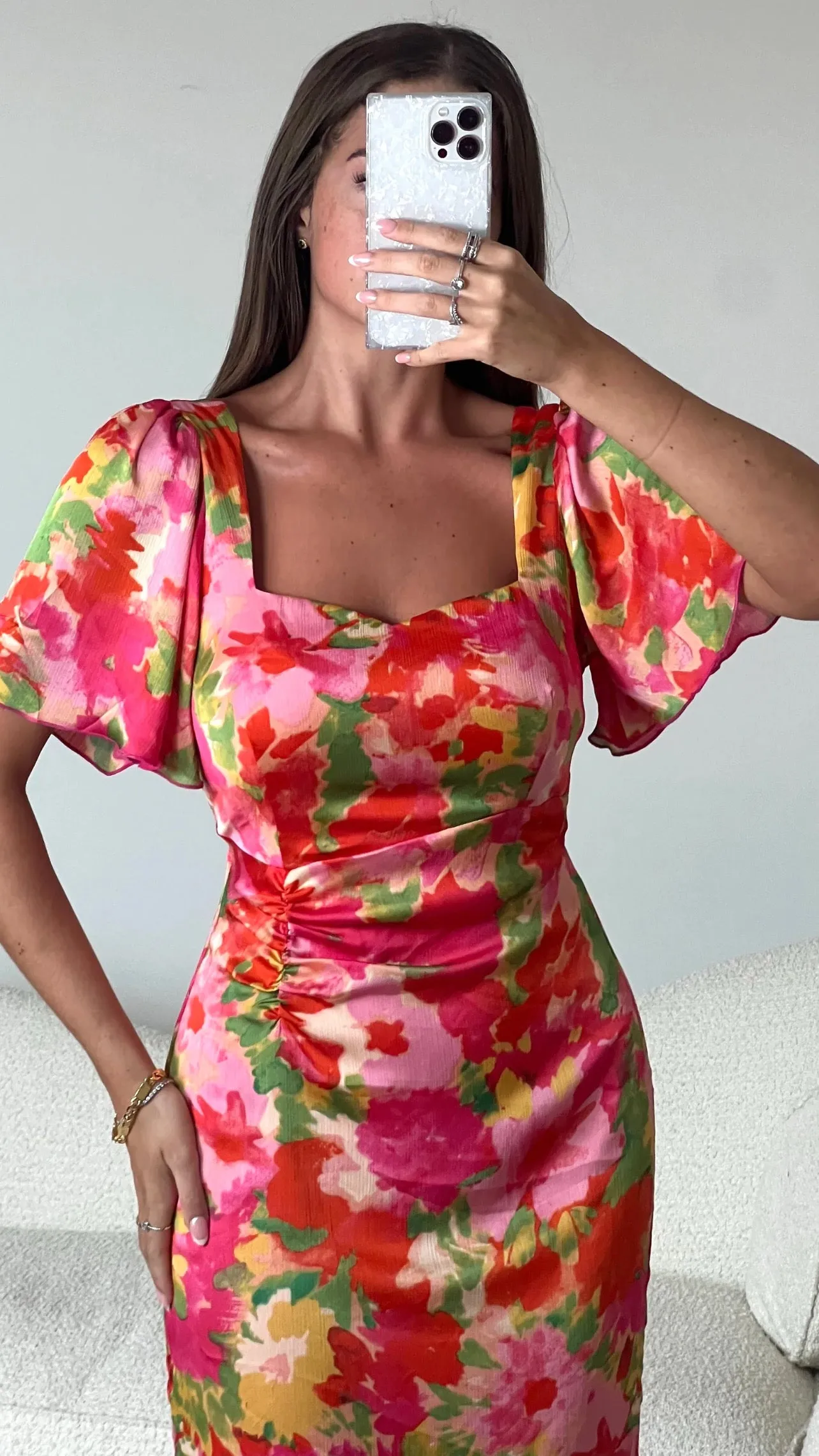Erica Orange Floral Burnout Ruched Midi Dress
