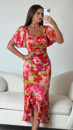 Erica Orange Floral Burnout Ruched Midi Dress