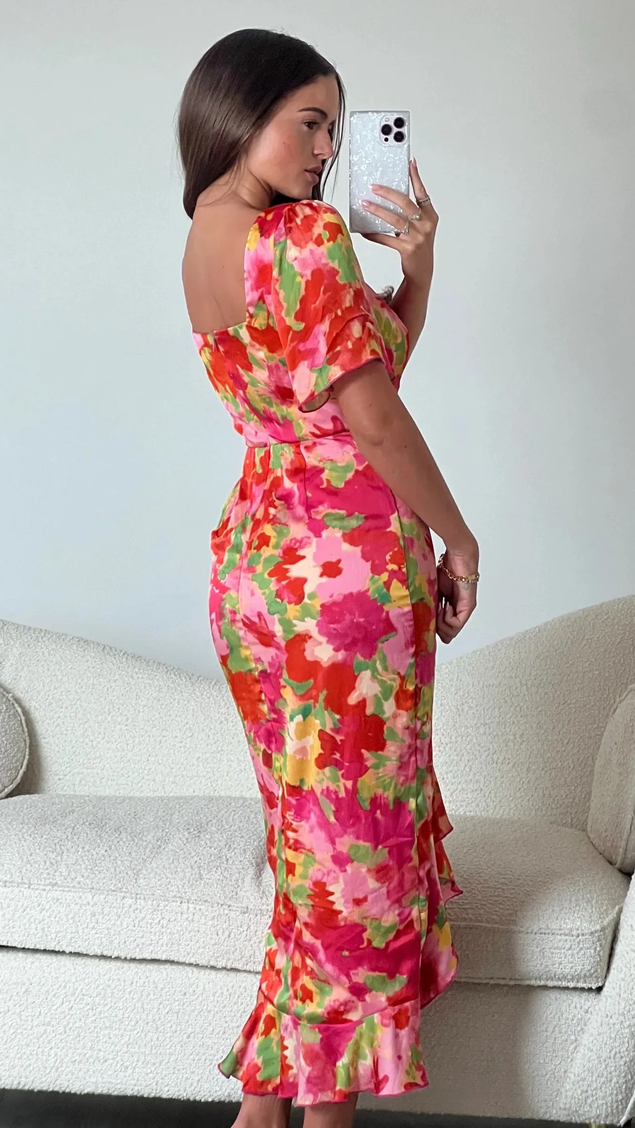 Erica Orange Floral Burnout Ruched Midi Dress