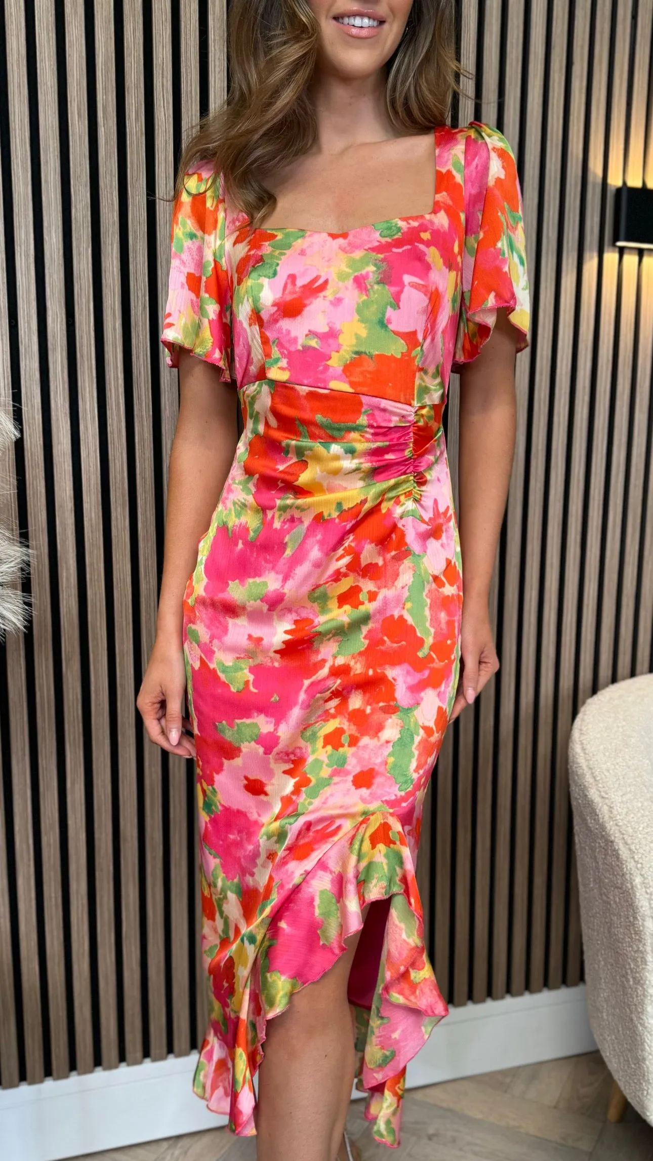 Erica Orange Floral Burnout Ruched Midi Dress