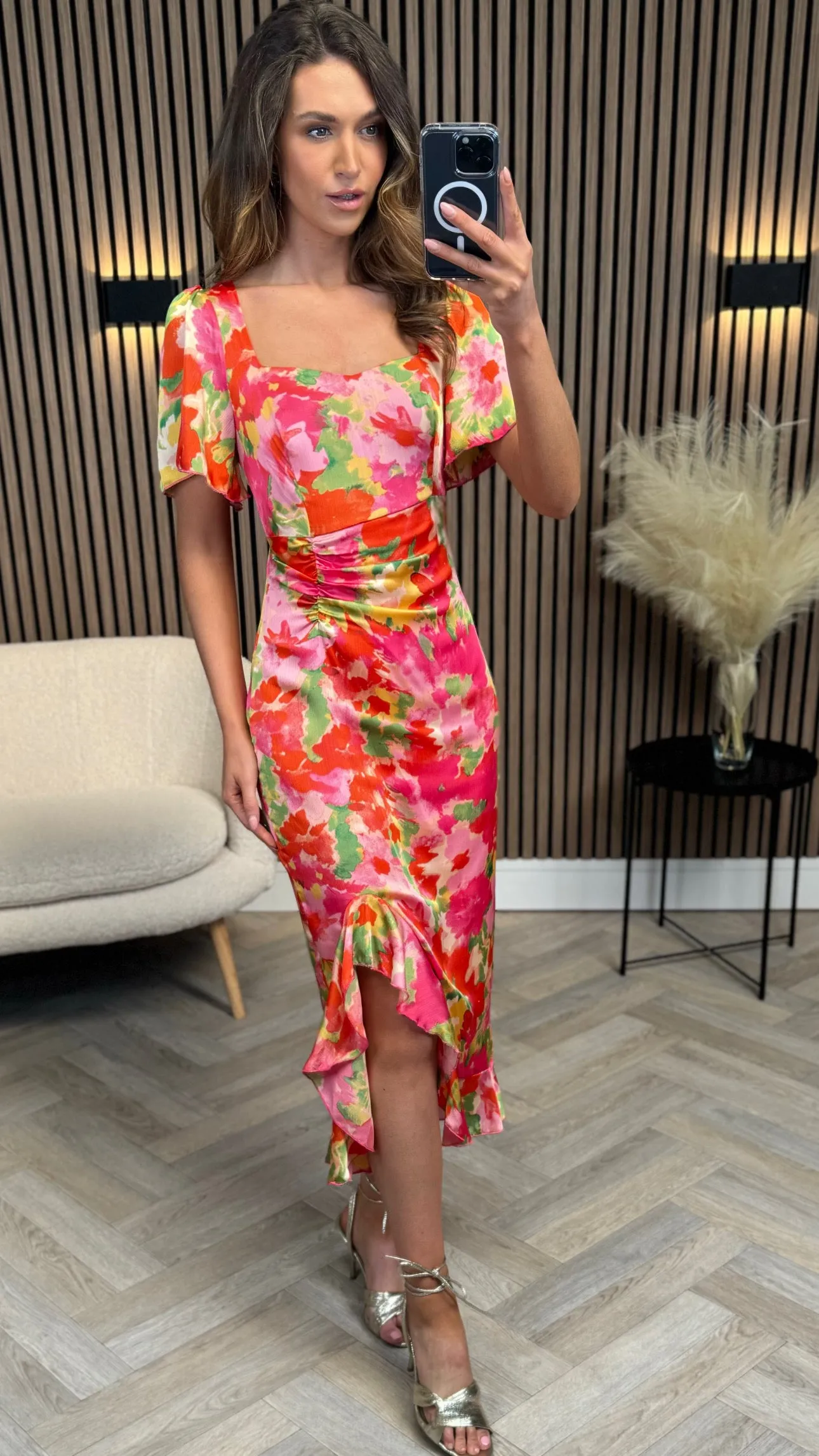 Erica Orange Floral Burnout Ruched Midi Dress