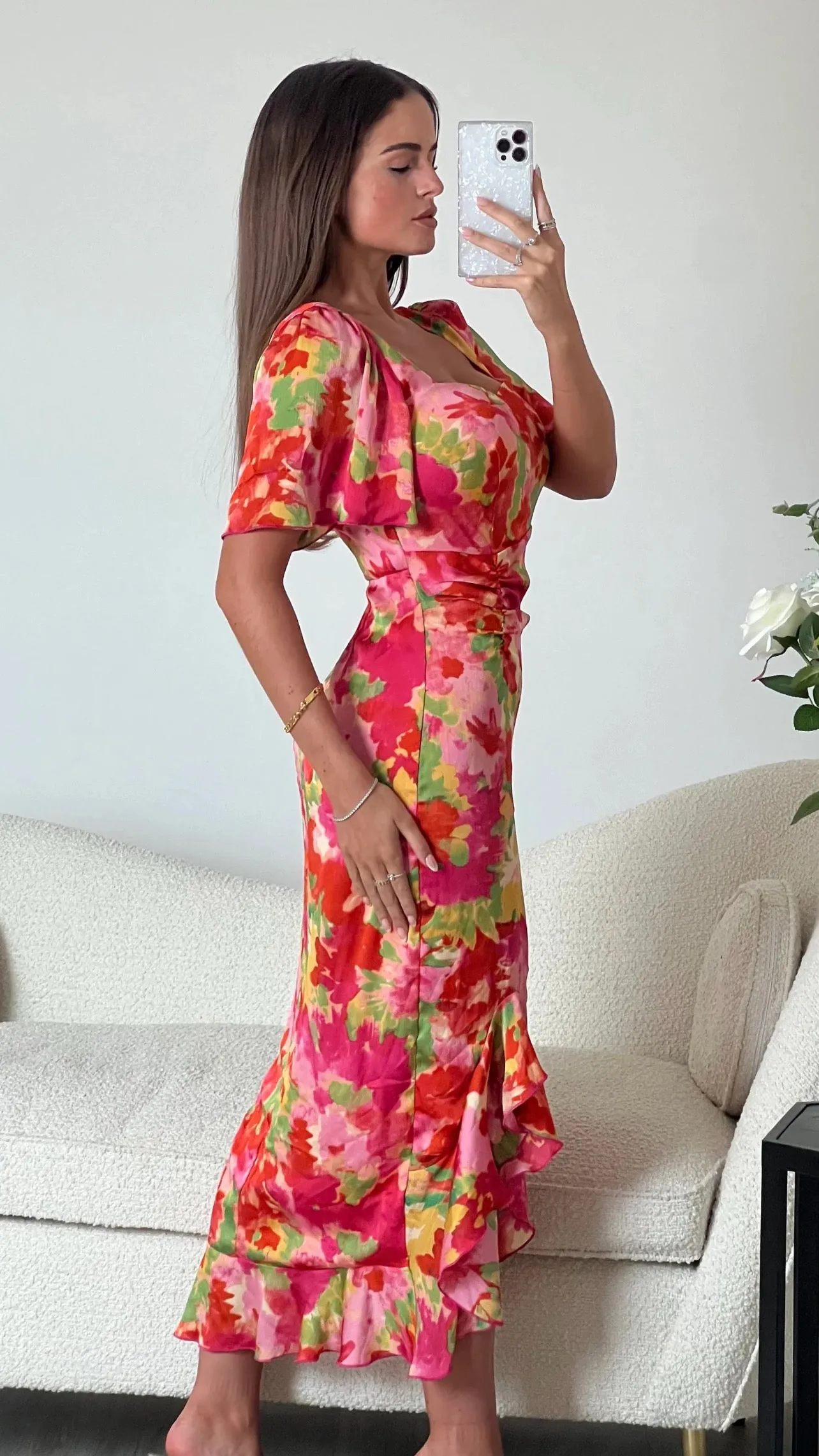 Erica Orange Floral Burnout Ruched Midi Dress