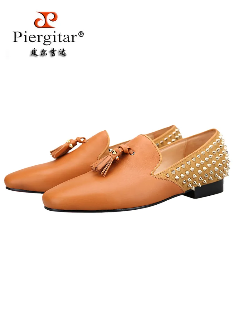 European and American classic design rivet tassel cowhide stitching suede men's loafers slip-on red sole shoes