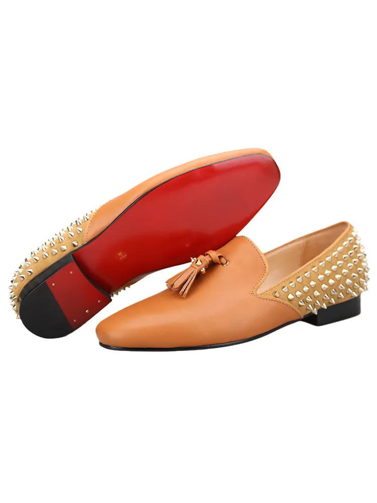 European and American classic design rivet tassel cowhide stitching suede men's loafers slip-on red sole shoes