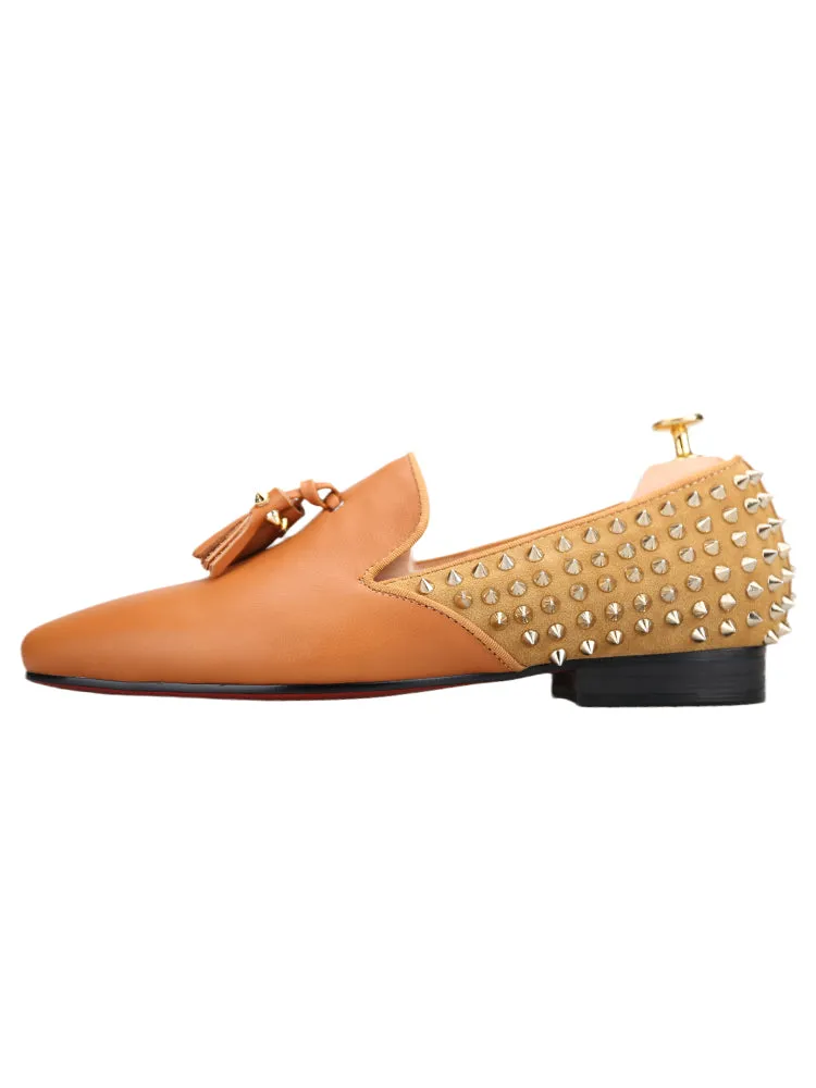 European and American classic design rivet tassel cowhide stitching suede men's loafers slip-on red sole shoes