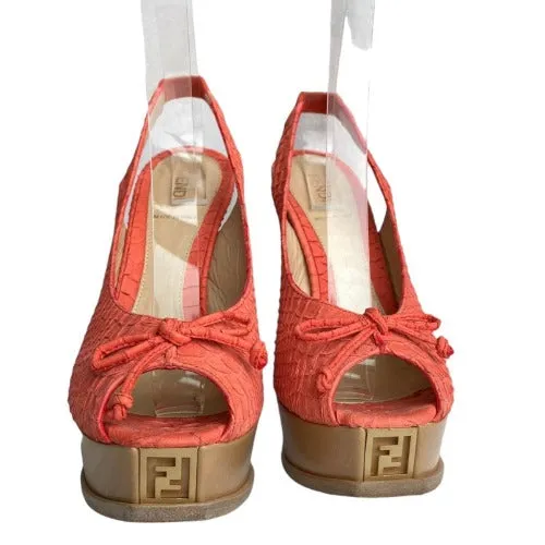 FENDI Coral Python Embossed Leather Fendista Bow Slingback Sandals, Size 39