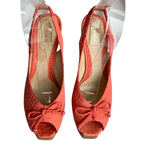 FENDI Coral Python Embossed Leather Fendista Bow Slingback Sandals, Size 39