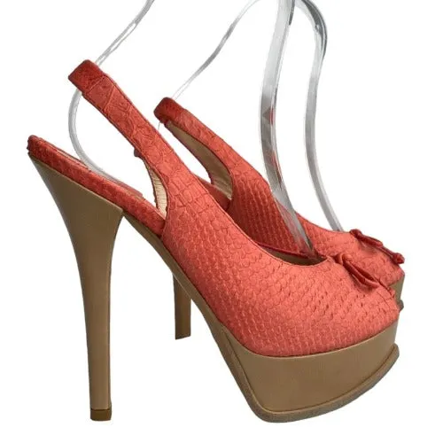 FENDI Coral Python Embossed Leather Fendista Bow Slingback Sandals, Size 39