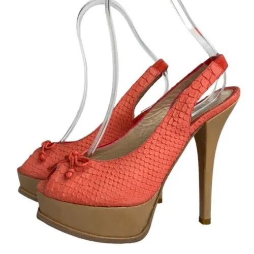 FENDI Coral Python Embossed Leather Fendista Bow Slingback Sandals, Size 39