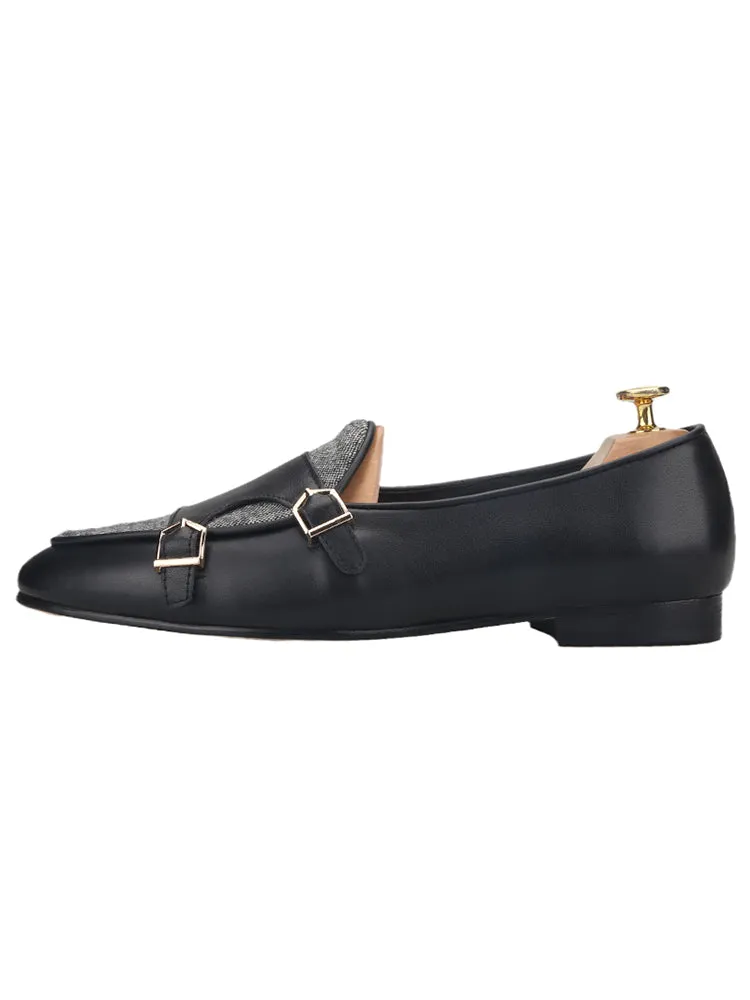 First-layer cowhide and gray sesame cloth men's slip-on loafers British style classic metal buckle smoking shoes
