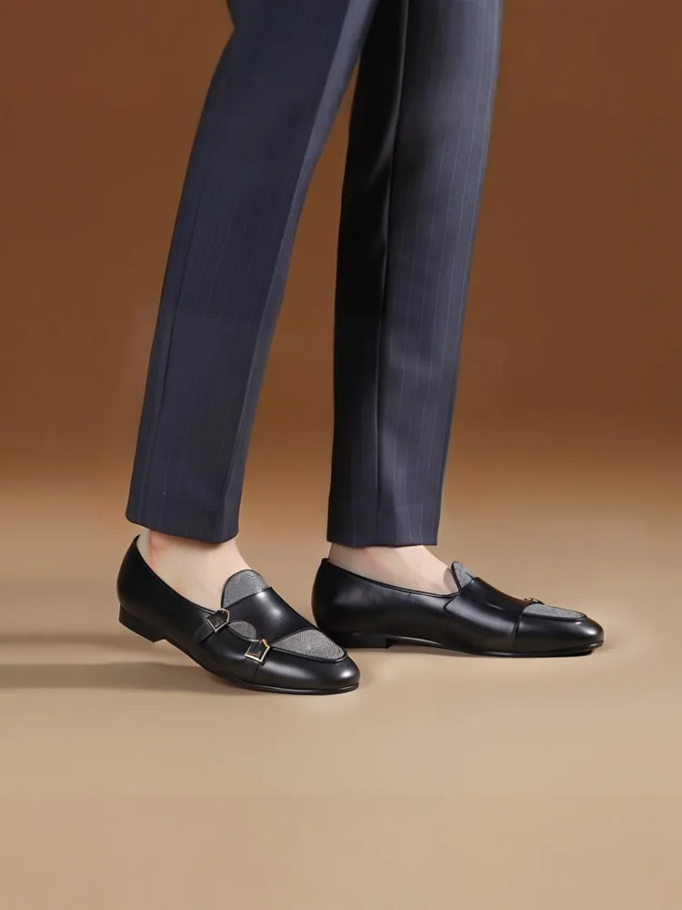 First-layer cowhide and gray sesame cloth men's slip-on loafers British style classic metal buckle smoking shoes