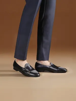 First-layer cowhide and gray sesame cloth men's slip-on loafers British style classic metal buckle smoking shoes