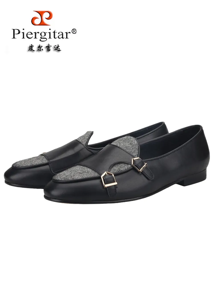 First-layer cowhide and gray sesame cloth men's slip-on loafers British style classic metal buckle smoking shoes