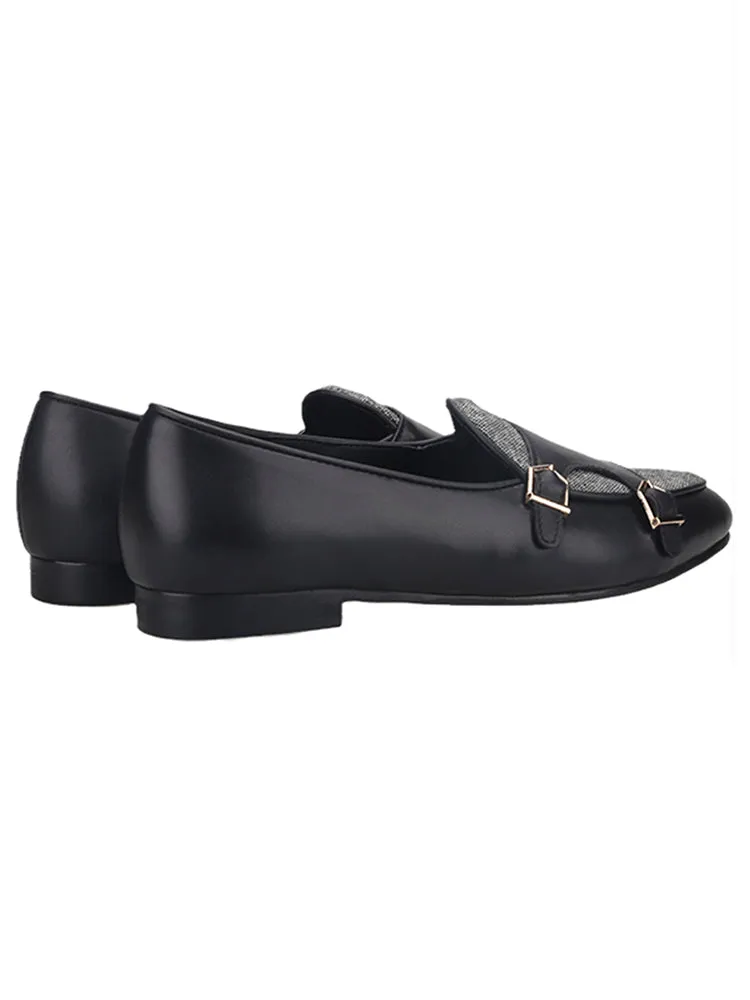 First-layer cowhide and gray sesame cloth men's slip-on loafers British style classic metal buckle smoking shoes