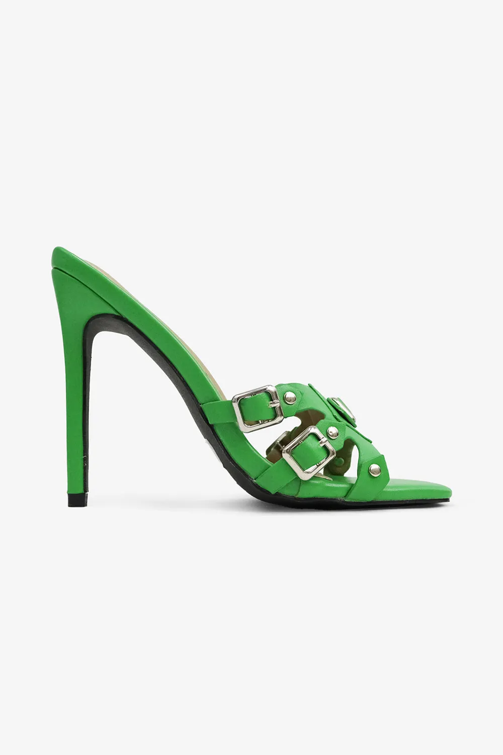 Kristena Buckle Detail Square Toe High Heel Mules