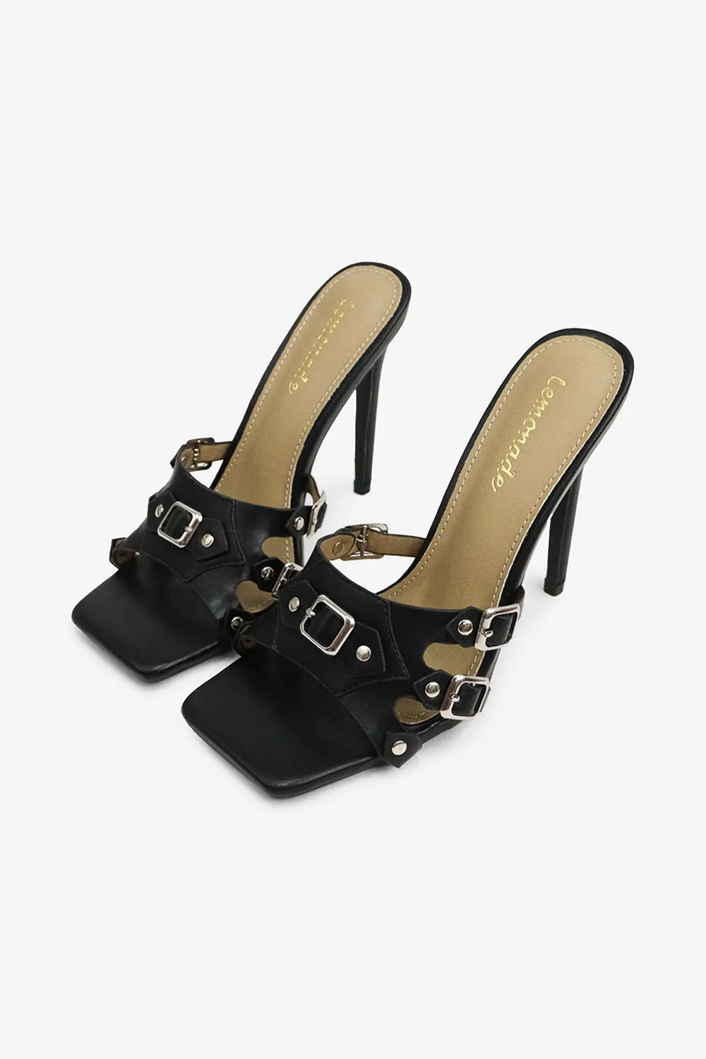 Kristena Buckle Detail Square Toe High Heel Mules