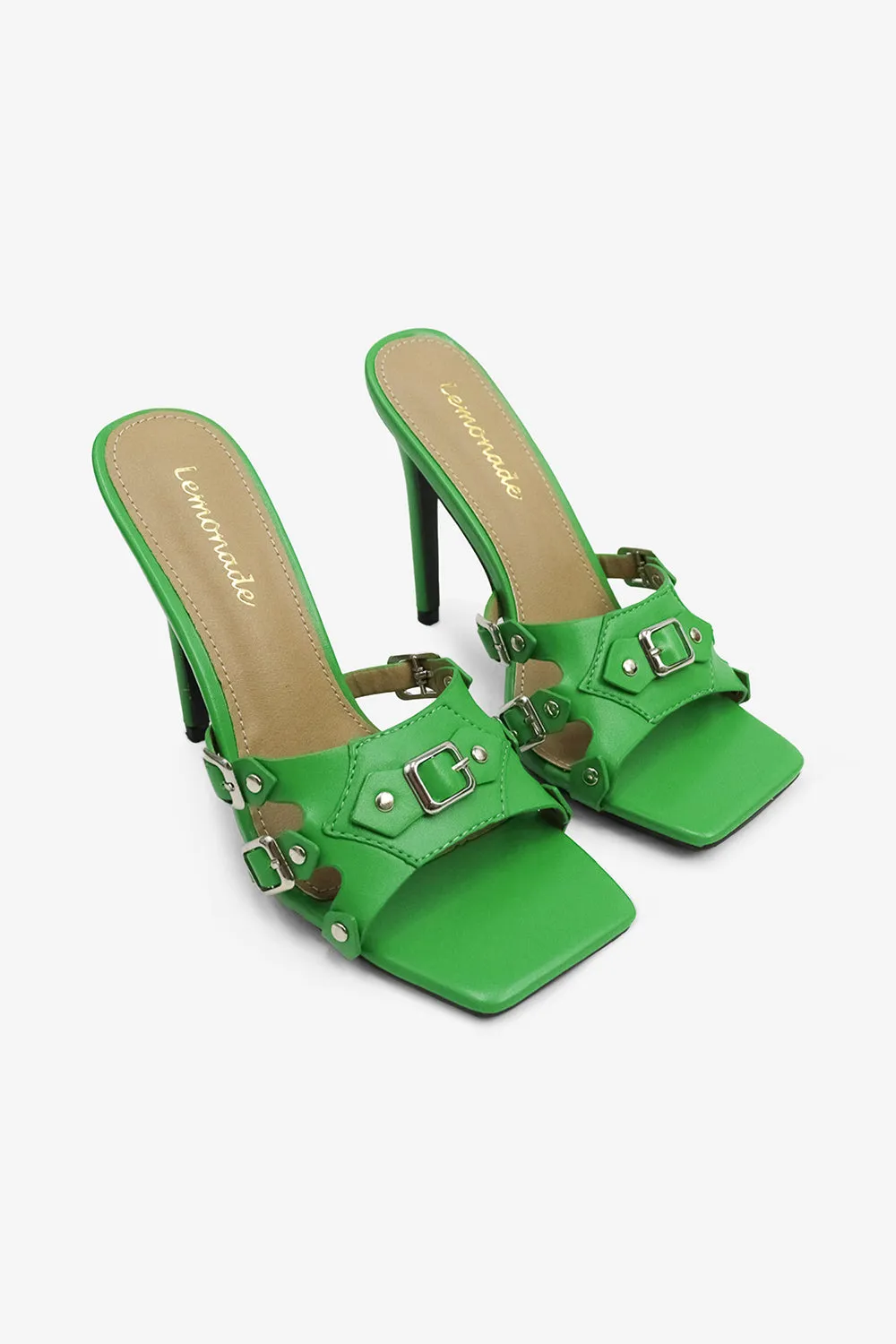 Kristena Buckle Detail Square Toe High Heel Mules