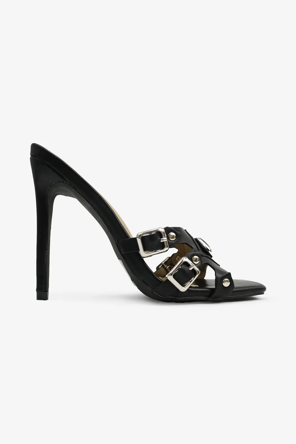 Kristena Buckle Detail Square Toe High Heel Mules