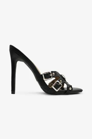 Kristena Buckle Detail Square Toe High Heel Mules
