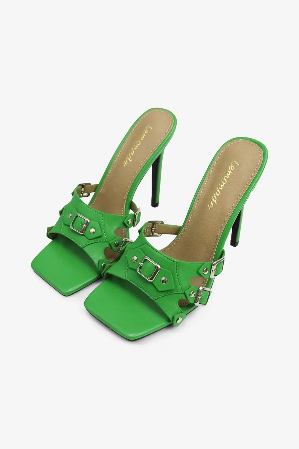 Kristena Buckle Detail Square Toe High Heel Mules