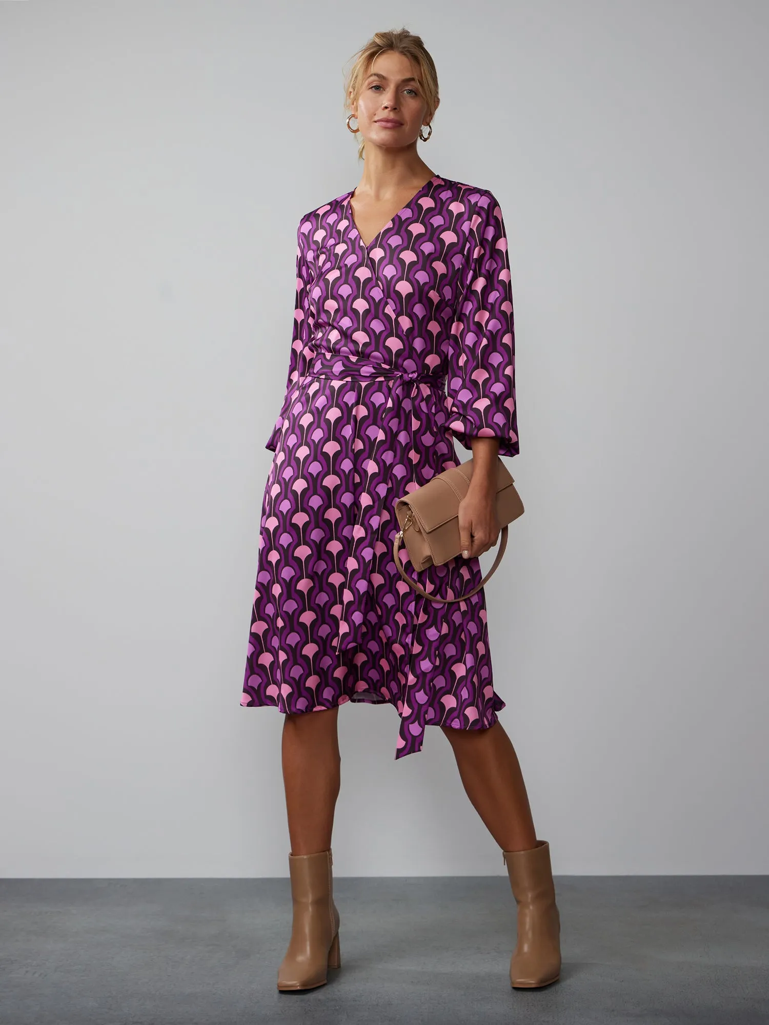 Long Sleeve Wrap Neck Geometric Print Dress